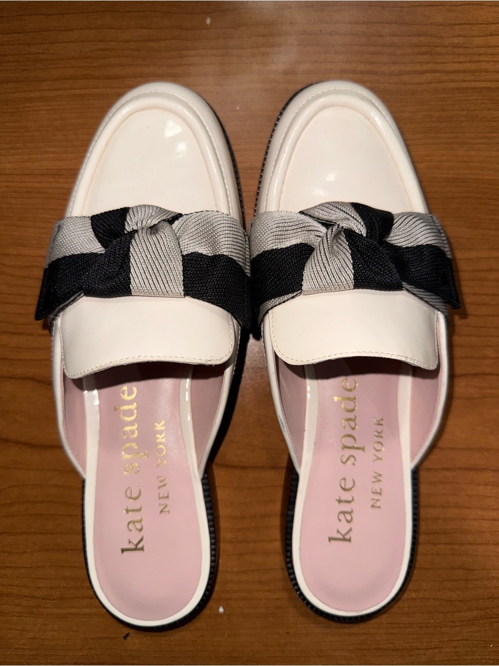kate spade White Patent Slip-On Mules with Black & Gray Bow